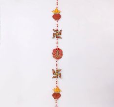 Handmade Wooden Kalash, Swastik, Ganesh Design Wall Hanging - Pink, Red