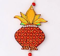 Handmade Wooden Kalash, Swastik, Ganesh Design Wall Hanging - Pink, Red