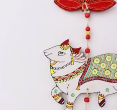 Handmade Wooden Cow and Lotus Wall Hanging for Home Decor - Red, Pink