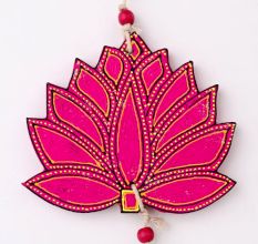 Handmade Wooden Cow and Lotus Wall Hanging for Home Decor - Red, Pink