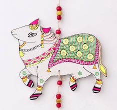 Handmade Wooden Cow and Lotus Wall Hanging for Home Decor - Red, Pink