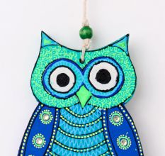 Handmade Wooden Green and Blue Owl Wall Hanging for Home Decor