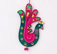 Handmade Wooden Peacock Wall Hanging - Blue-Green, Yellow-Blue, Orange-Purple, Pink-Green