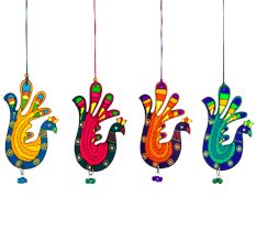Handmade Wooden Peacock Wall Hanging - Blue-Green, Yellow-Blue, Orange-Purple, Pink-Green