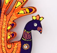 Handmade Wooden Peacock Wall Hanging - Blue-Green, Yellow-Blue, Orange-Purple, Pink-Green