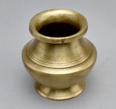 Vintage Brass Holy Water Pot with Decorative Grooves
