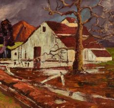 Vintage Countryside Barn Landscape Hardboard Painting