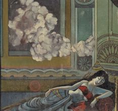 Vintage Oil Painting on Hardboard by JB Saxena Reclining Woman in Ornate Interior