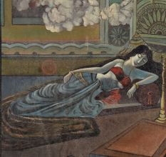 Vintage Oil Painting on Hardboard by JB Saxena Reclining Woman in Ornate Interior