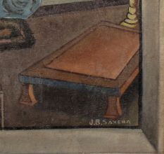 Vintage Oil Painting on Hardboard by JB Saxena Reclining Woman in Ornate Interior
