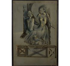 Hardboard Painting with Surreal Female Figures and Mystical Cats