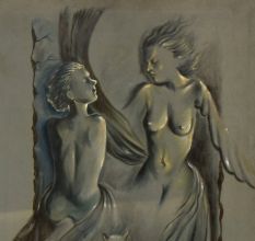 Hardboard Painting with Surreal Female Figures and Mystical Cats