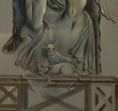 Hardboard Painting with Surreal Female Figures and Mystical Cats