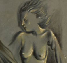 Hardboard Painting with Surreal Female Figures and Mystical Cats