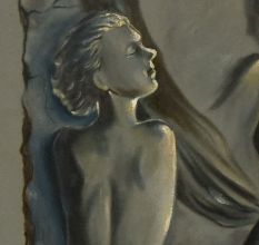 Hardboard Painting with Surreal Female Figures and Mystical Cats