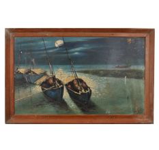 Hand Painted Hardboard Painting of Boats under Moonlight