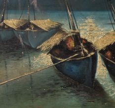 Hand Painted Hardboard Painting of Boats under Moonlight