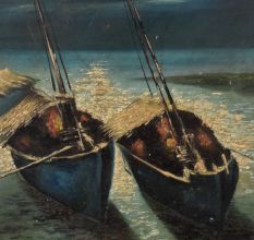 Hand Painted Hardboard Painting of Boats under Moonlight
