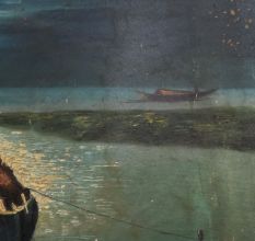 Hand Painted Hardboard Painting of Boats under Moonlight