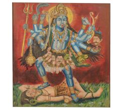 Traditional Cloth Painting of Goddess Kali in Wooden Frame