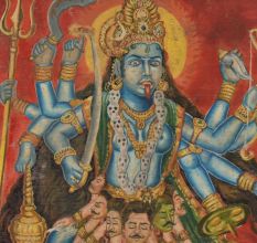 Traditional Cloth Painting of Goddess Kali in Wooden Frame