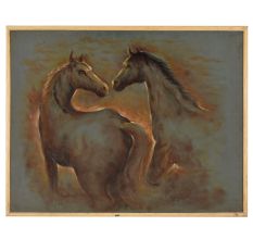 Hand Painted Cloth Artwork of Horses in Wooden Frame