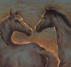 Hand Painted Cloth Artwork of Horses in Wooden Frame