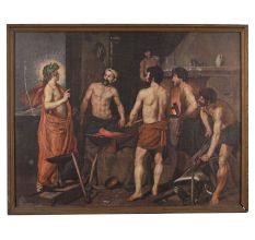Classic Paper Print of Blacksmiths in Workshop Scene