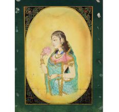 Watercolor Paper Painting of Indian Lady with Lotus