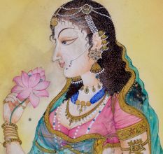 Watercolor Paper Painting of Indian Lady with Lotus