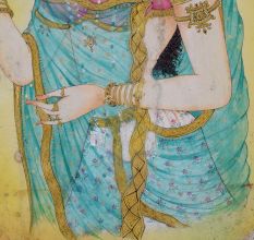 Watercolor Paper Painting of Indian Lady with Lotus