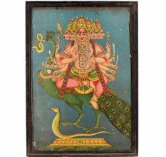 Paper Print on Hardboard of Lord Kartikeya on Peacock