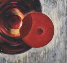 Abstract Cloth Painting on Hardboard with Red Circular Forms