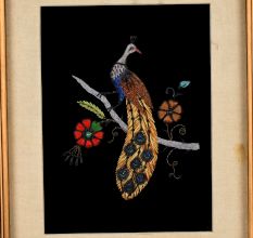 Embroidery Work on Cloth of Peacock with Wooden Frame