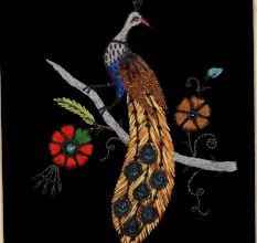Embroidery Work on Cloth of Peacock with Wooden Frame