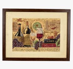 Vintage Cloth Painting on Hardboard of Wine Bottles and Grapes