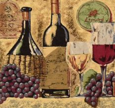 Vintage Cloth Painting on Hardboard of Wine Bottles and Grapes