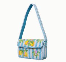 Luxury Handmade Beaded Shoulder Bag – Lemon Fruit Pattern on Blue Stripes