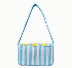 Luxury Handmade Beaded Shoulder Bag – Lemon Fruit Pattern on Blue Stripes