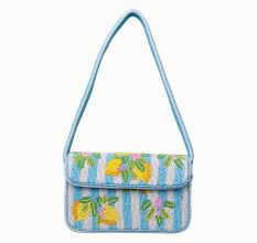 Luxury Handmade Beaded Shoulder Bag – Lemon Fruit Pattern on Blue Stripes