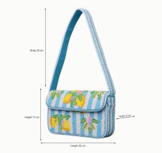 Luxury Handmade Beaded Shoulder Bag – Lemon Fruit Pattern on Blue Stripes