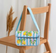 Luxury Handmade Beaded Shoulder Bag – Lemon Fruit Pattern on Blue Stripes