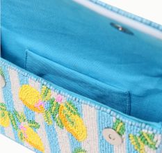 Luxury Handmade Beaded Shoulder Bag – Lemon Fruit Pattern on Blue Stripes