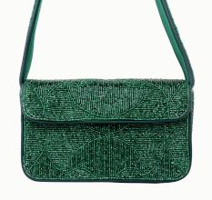 Luxury Handmade Beaded Shoulder Bag – Green Geometric Pattern Purse