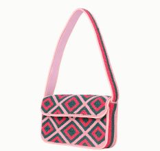 Luxury Handmade Colorful Beaded Shoulder Bag – Pink & Green Diamond Geometric Pattern Purse