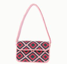 Luxury Handmade Colorful Beaded Shoulder Bag – Pink & Green Diamond Geometric Pattern Purse