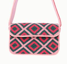 Luxury Handmade Colorful Beaded Shoulder Bag – Pink & Green Diamond Geometric Pattern Purse