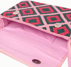 Luxury Handmade Colorful Beaded Shoulder Bag – Pink & Green Diamond Geometric Pattern Purse
