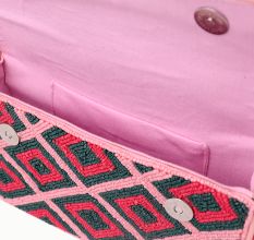Luxury Handmade Colorful Beaded Shoulder Bag – Pink & Green Diamond Geometric Pattern Purse