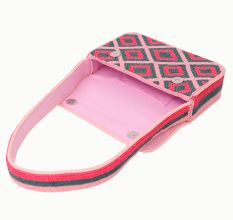 Luxury Handmade Colorful Beaded Shoulder Bag – Pink & Green Diamond Geometric Pattern Purse